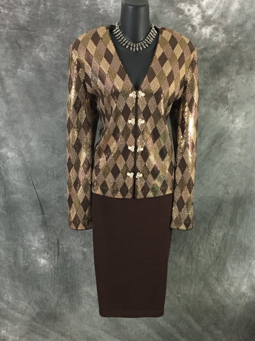 BEAUTIFUL St John knit Brown multi rhinestones embellished skirt suit Size 12 - Picture 3 of 10